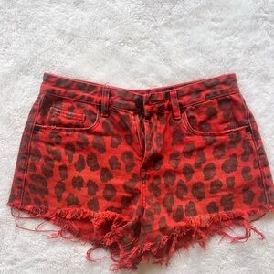 BlankNYC Red Cheetah Denim Cut-off Shorts, Size 26